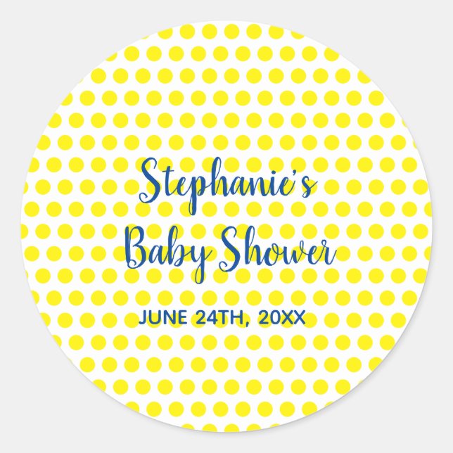 Yellow Polka Dots Blue White Baby Shower Niedlich  Runder Aufkleber (Vorderseite)