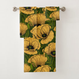 Yellow poppies on dark green badhandtuch set