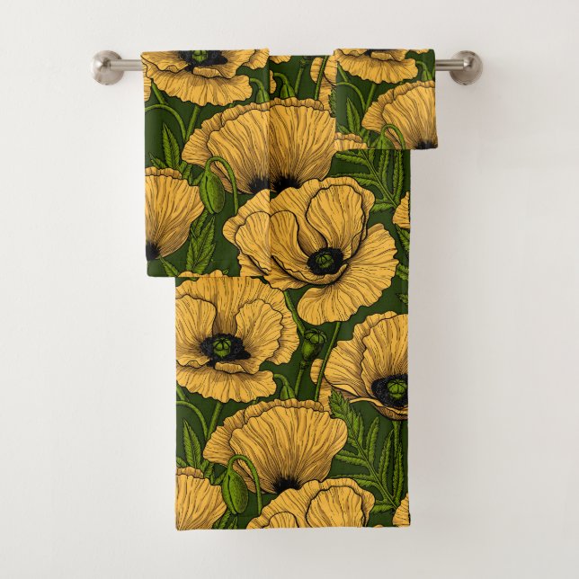 Yellow poppies on dark green badhandtuch set (Insitu)