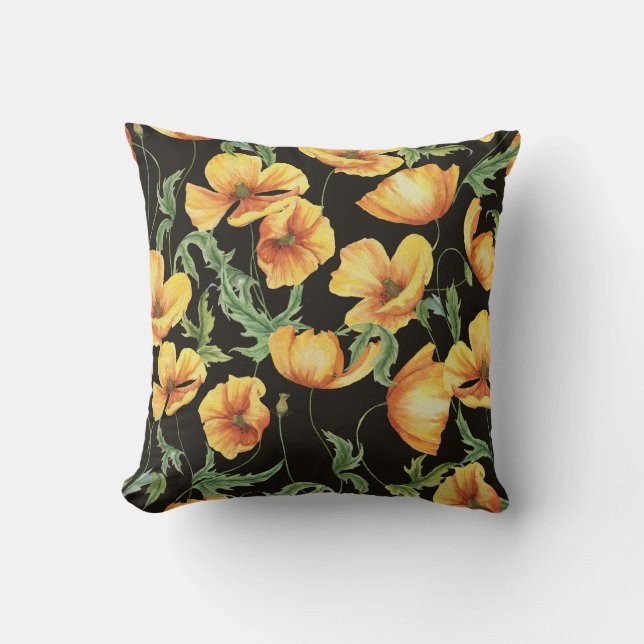 Yellow Poppy Watercolor Floral Pattern Kissen (Vorderseite)