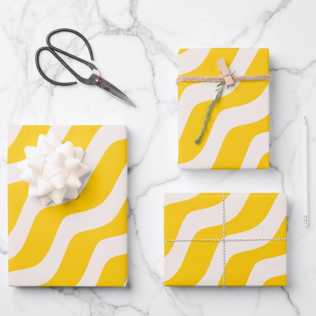 Yellow Psychedelic Stripes Retro Wavy Lines Geschenkpapier Set (Vorderseite)