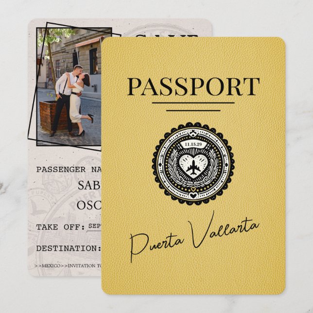 Yellow Puerta Vallarta Passport Save the Date (Vorne/Hinten)