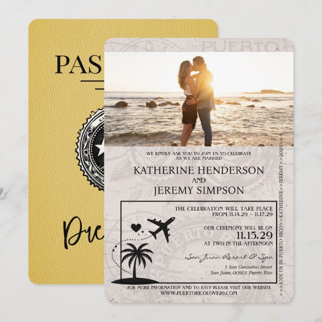 Yellow Puerto Rico Passport Wedding Einladung (Vorne/Hinten)