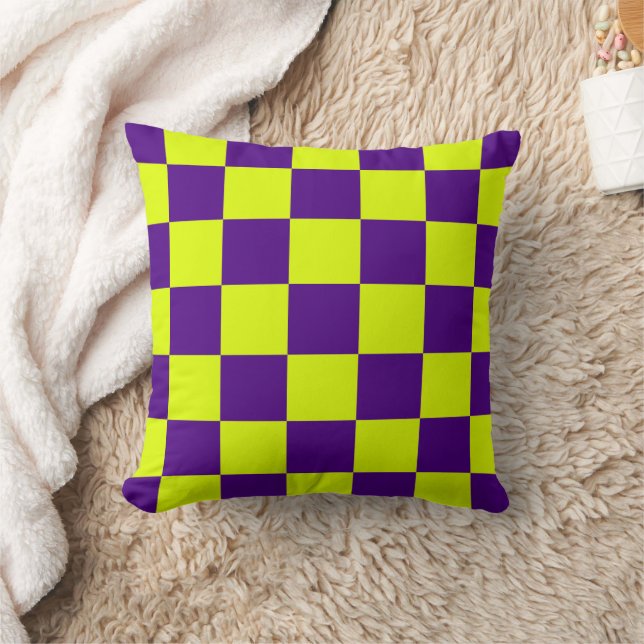 Yellow Purple Checkerboard Pillow Kissen (Decke)
