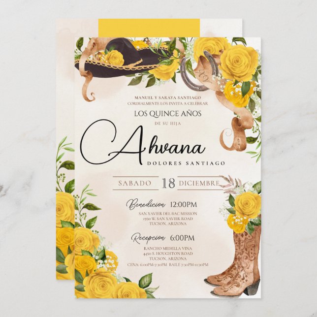 Yellow Quinceanera Rose Vintag Charro Western Einladung (Vorne/Hinten)