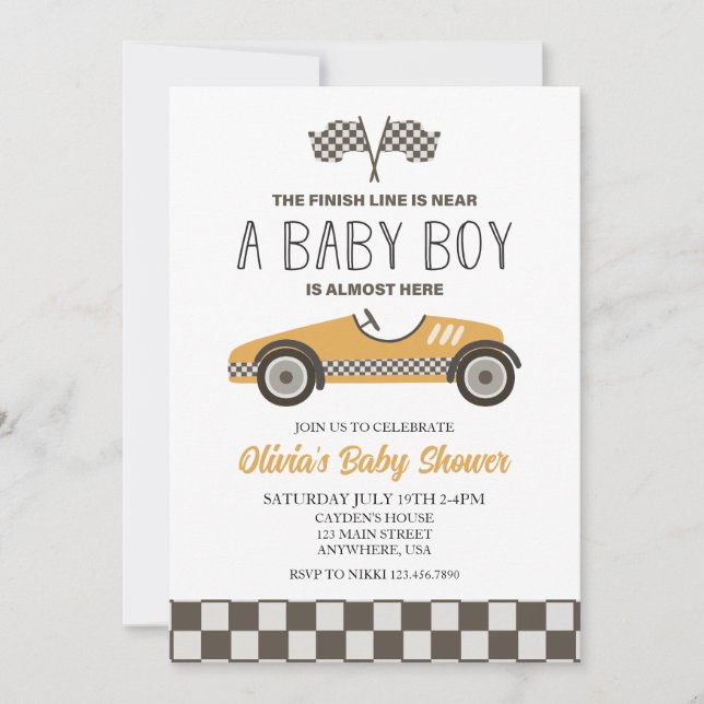 Yellow Race Car Baby Dusche Einladung (Vorderseite)
