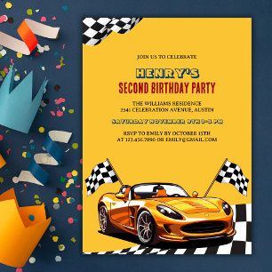 Yellow Race Car Theme Junge 2. Geburtstag Party Einladung