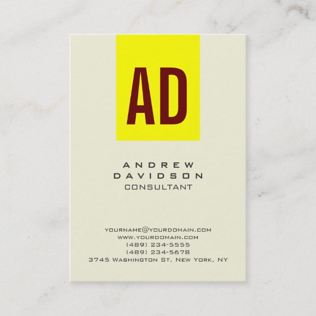 Yellow Red Beige Vertical Monogram Business Card Visitenkarte (Vorderseite)