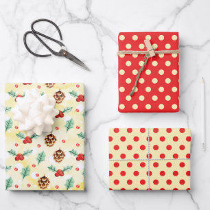 Yellow Red Brown Christmas Holly Pine Cones Dots Geschenkpapier Set