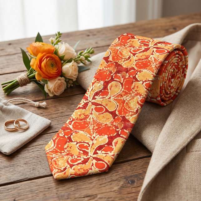 Yellow Red Orange Bali Batik Style Paisley Pattern Krawatte (Von Creator hochgeladen)
