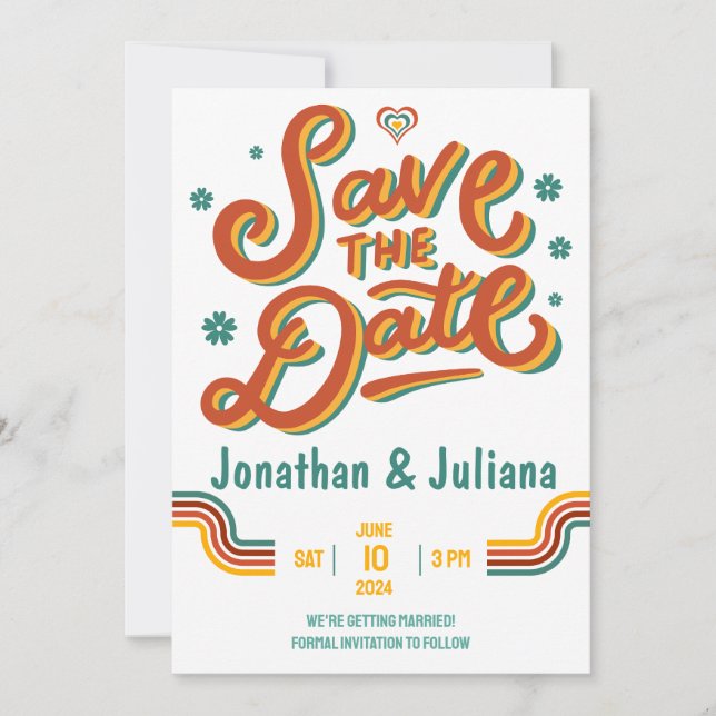 Yellow Red Retro 70er Save the Date Hochzeitsinves Einladung (Vorderseite)