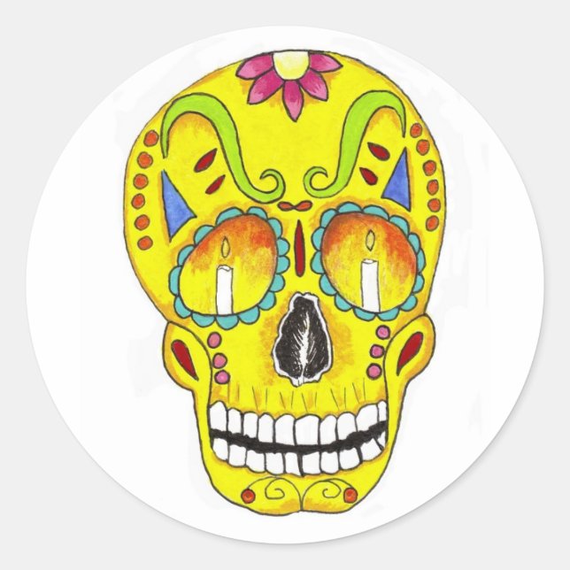 Yellow Remembrance Sugar Skull Runder Aufkleber (Vorderseite)