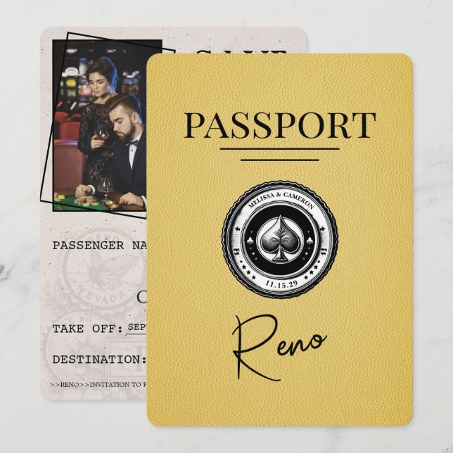 Yellow Reno Passport Save the Date (Vorne/Hinten)