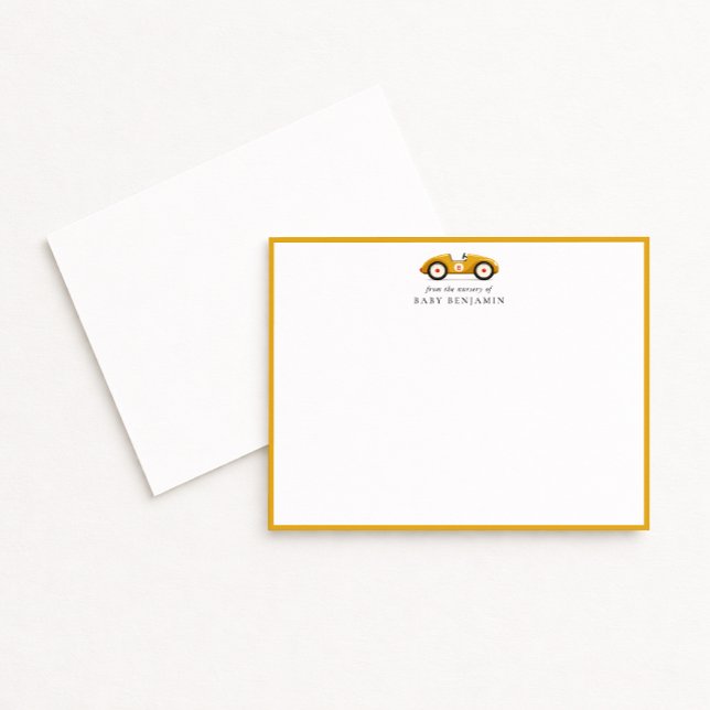 Yellow Retro Car Nursery Note Card Ankündigung (Von Creator hochgeladen)