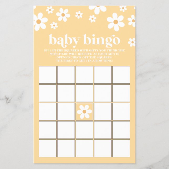 Yellow Retro Daisy Baby Dusche Bingo Flyer (Vorne)
