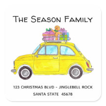 Yellow Retro Fiat 500 mit Weihnachtsgeschenken