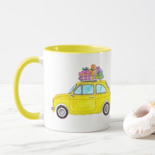 Yellow Retro Fiat 500 Weihnachtsgeschenke Wasserfa Tasse (Mit Donut)