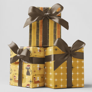 Yellow Retro Mitte Jahrhundert Moderne Katze Weihn Geschenkpapier Set