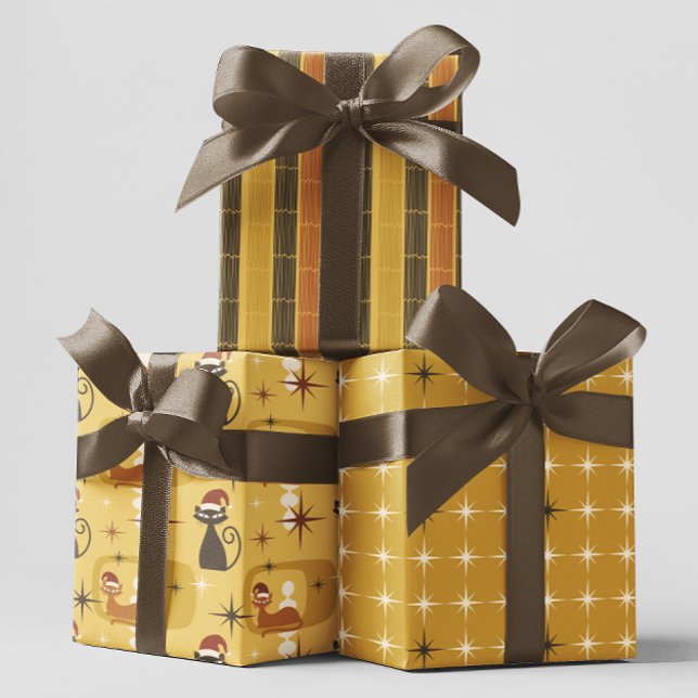 Yellow Retro Mitte Jahrhundert Moderne Katze Weihn Geschenkpapier Set (Von Creator hochgeladen)