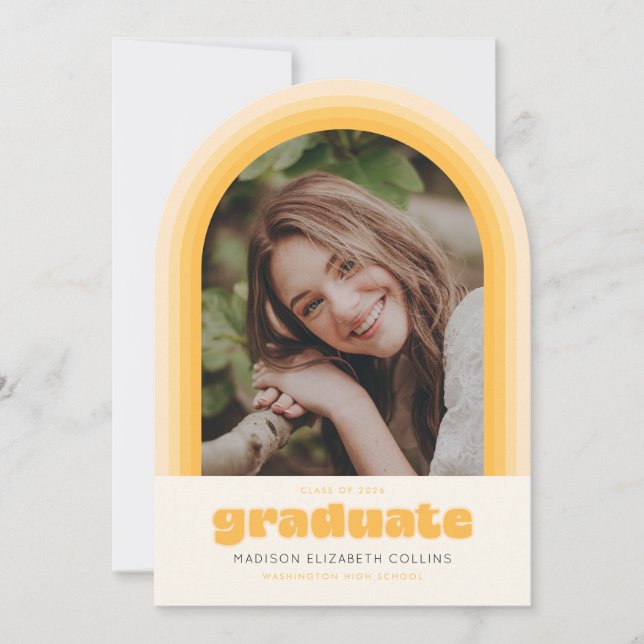 Yellow Retro Striped Arch Graduation Announcement Einladung (Vorderseite)