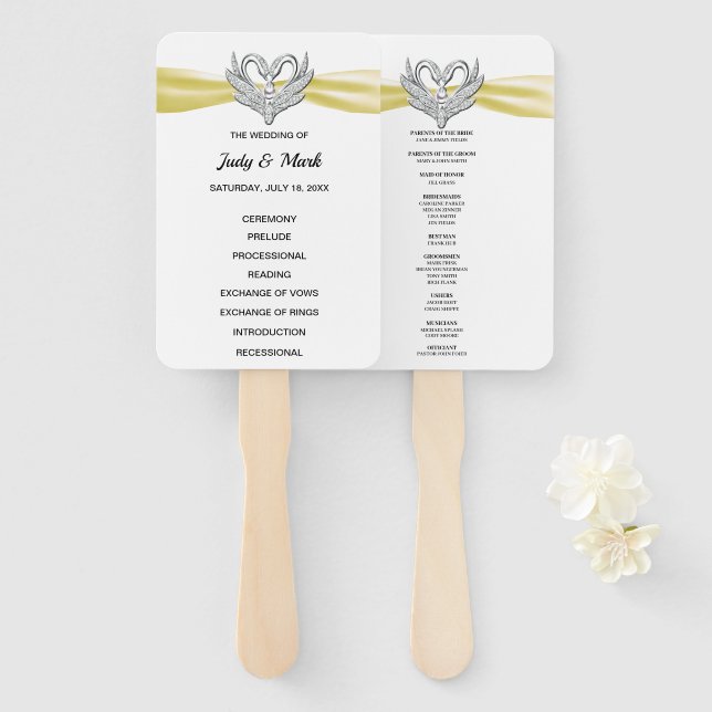 Yellow Ribbon Silver Swan Wedding Program Fans Fächer (Vorne und Hinten)