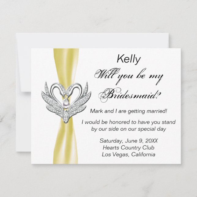 Yellow Ribbon Silver Swans Bridesmaid Card Einladung (Vorderseite)