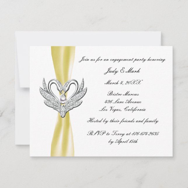 Yellow Ribbon Silver Swans Engagement Party einlad Einladung (Vorderseite)