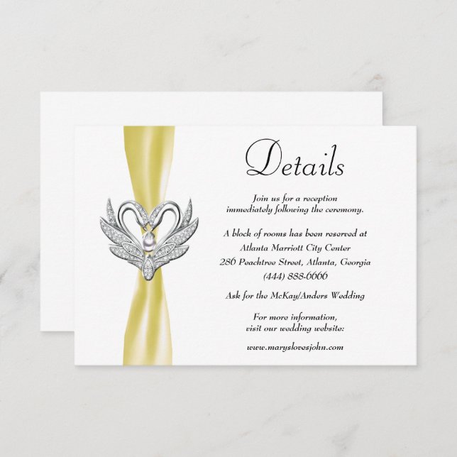 Yellow Ribbon Silver Swans Hochzeitdetails Begleitkarte (Vorne/Hinten)
