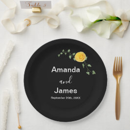 Yellow Rose and Green Vine Elegant Black Wedding Pappteller