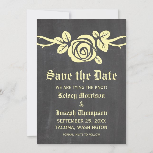 Yellow Rose Chalkboard Save the Date einladen (Vorderseite)