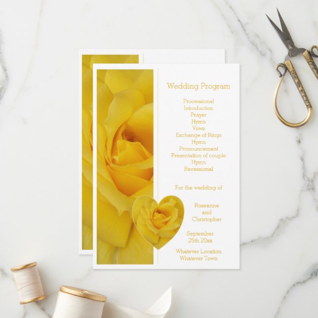 Yellow Rose Heart Design Wedding Programm (Vorderseite/Rückseite Beispiel)