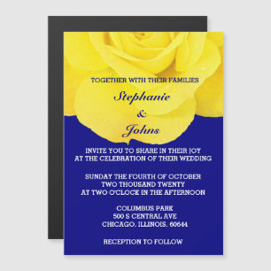Yellow Rose Navy Blauer Floral Weiße Hochzeit Magneteinladung