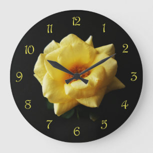 Yellow Rose On Black Yellow Script Numbers wc Große Wanduhr