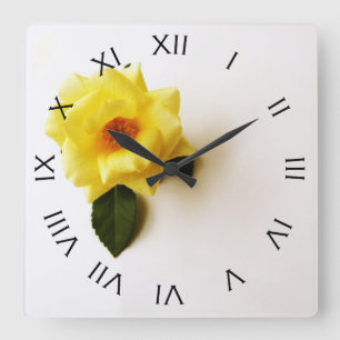 Yellow Rose On White Black Roman Number Wall Clock Quadratische Wanduhr