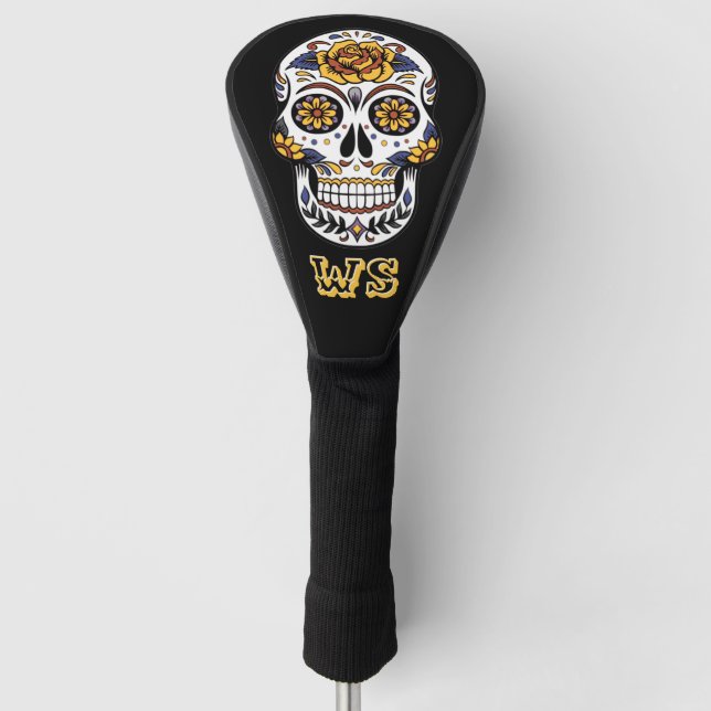 Yellow Rose Sugar Skull auf Black Monogram Golf Headcover (Vorderseite)