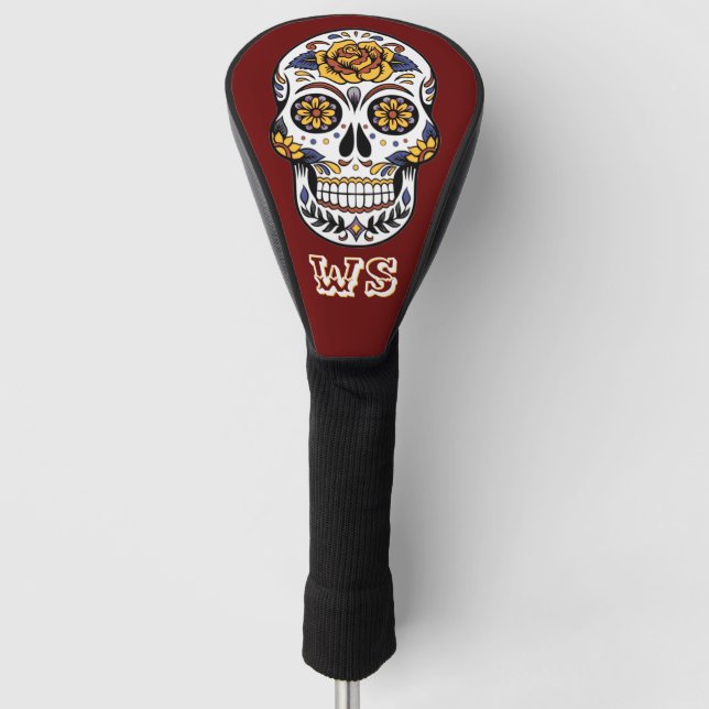 Yellow Rose Sugar Skull auf Maroon Monogram  Golf Headcover (Vorderseite)