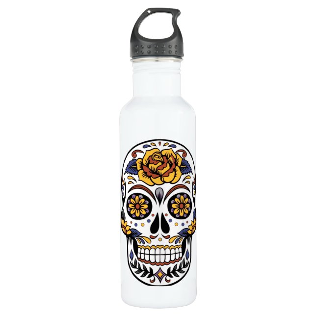 Yellow Rose Sugar Skull Edelstahlflasche (Vorderseite)
