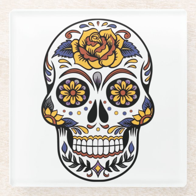 Yellow Rose Sugar Skull Glasuntersetzer (Vorderseite)