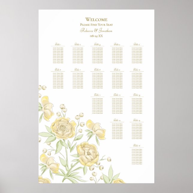 Yellow Rose Wedding Seating Chart Poster (Vorne)
