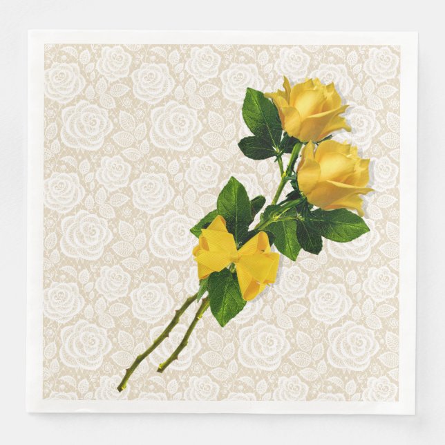 Yellow Roses Bow White Lace Elfenbeinpapier Napkin Serviette (Vorderseite)