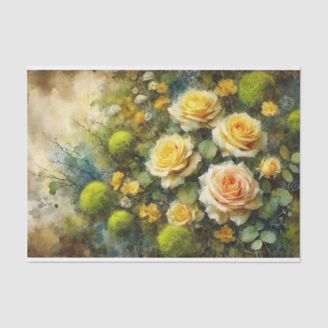 Yellow Roses Green Moss Impressionist Decoupage Seidenpapier (Vorderseite)