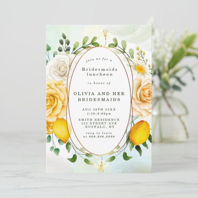 Yellow Roses Lemons Bridesmaids Luncheon Invites (Stehend Vorderseite)
