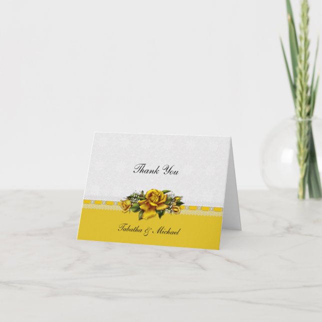 Yellow Roses Ribbons Lace Wedding Danke Karte (Vorderseite)