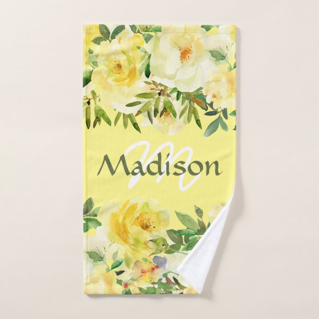 Yellow Roses Trendy Girly Monogram Badhandtuch Set (Handtuch)