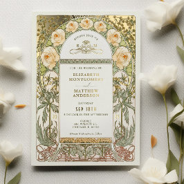 Yellow Roses Vintage Hochzeit Jugendstil Folieneinladung