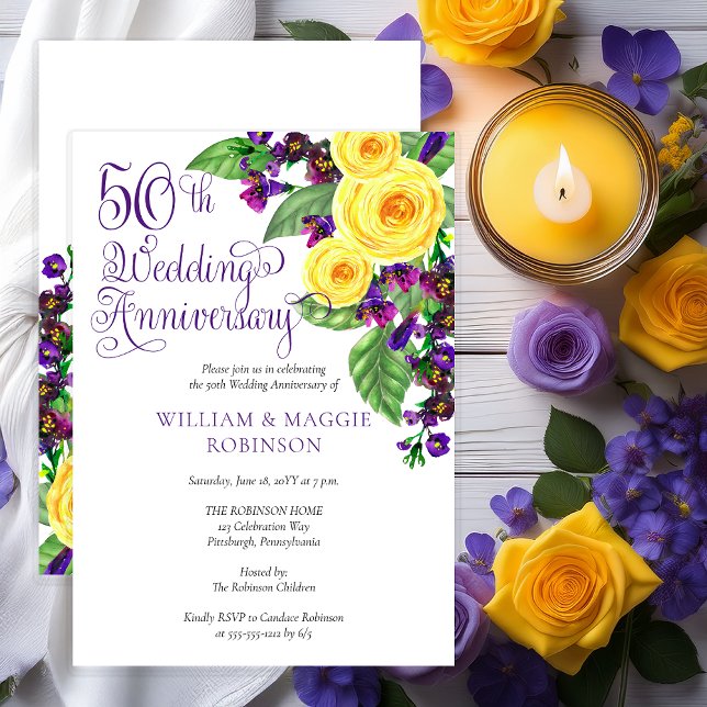 Yellow Roses Violet 50. Wedding Birthday Party Einladung (Elegant Yellow Roses and Purple Violets Floral 50th 50th Birthday Party Invitation - Print | Digital)