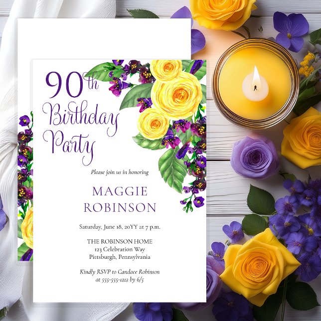 Yellow Roses Violet 90. Wedding Birthday Party Einladung (Elegant Yellow Roses and Purple Violets Floral 90th Birthday Party Invitation - Print | Digital)