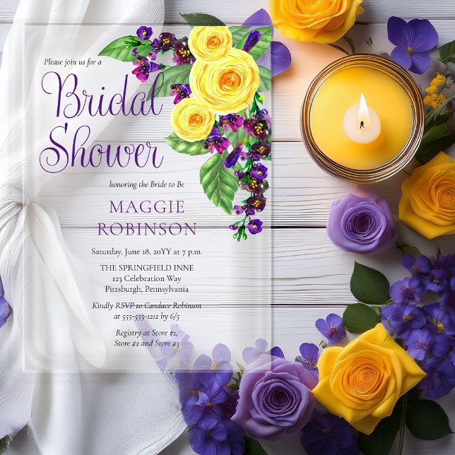 Yellow Roses | Violets Boho Floral Bridal Shower Acryleinladungen (Elegant Yellow Roses and Purple Violets Boho Floral Bridal Shower Acrylic Invitation)