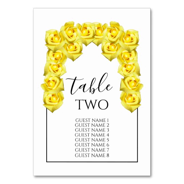 Yellow Roses Wedding Guest Names Tischnummer (Vorderseite)