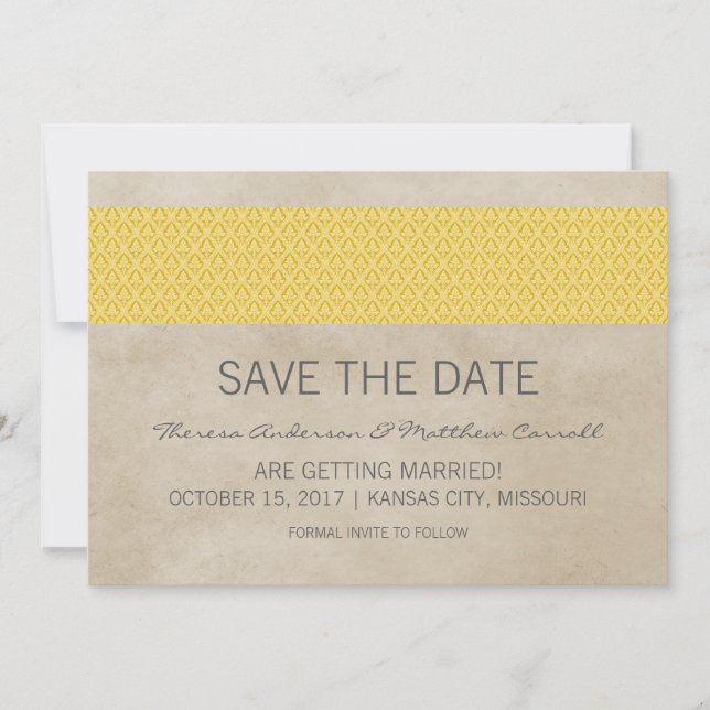 Yellow Rustic Damask Save the Date einladen Einladung (Vorderseite)